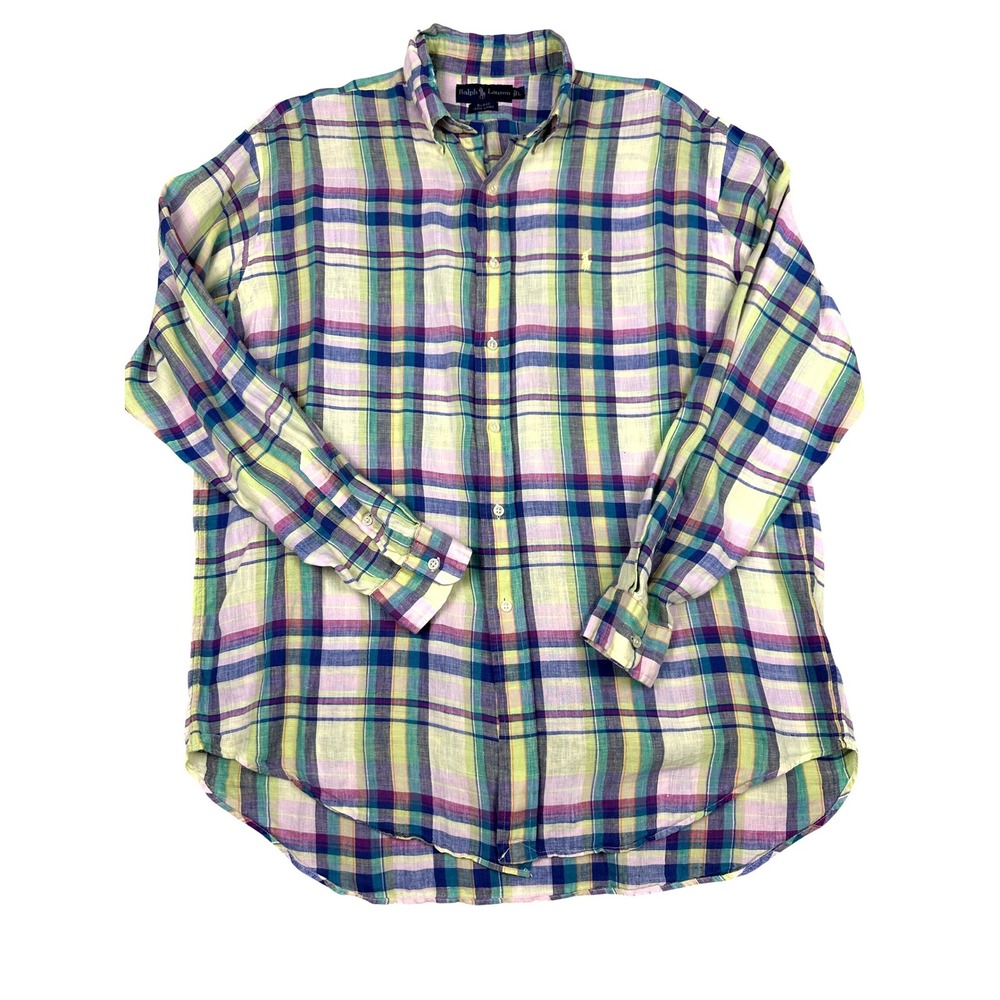 Ralph Lauren Blake 100% Linen Plaid‎ Long Sleeve Button Down Shirt Mens Size L